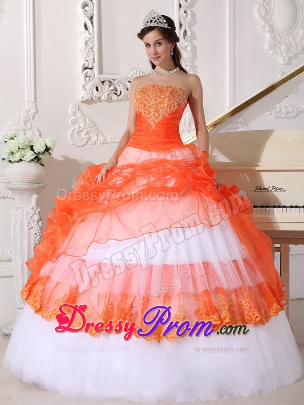 Orange and White Bowknot Appliques Dresses For Sweet Quinceaneras