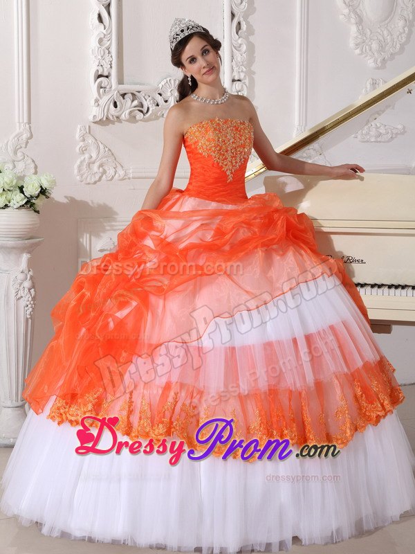 Orange and White Bowknot Appliques Dresses For Sweet Quinceaneras