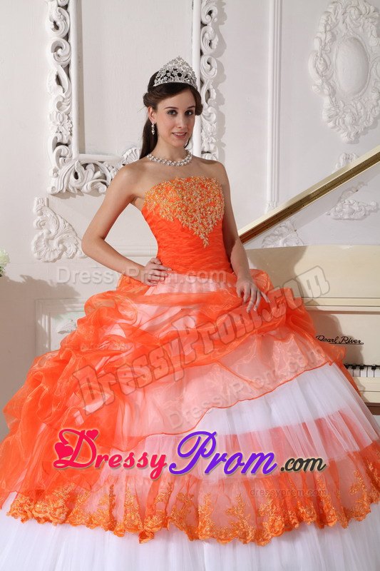Orange and White Bowknot Appliques Dresses For Sweet Quinceaneras