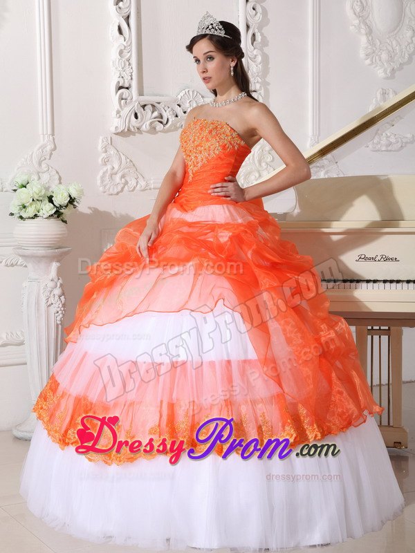 Orange and White Bowknot Appliques Dresses For Sweet Quinceaneras