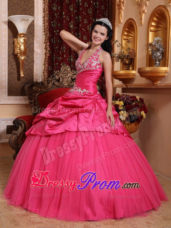 Halter Hot Pink Appliques Beading Quinceanera Dress with Pick-ups