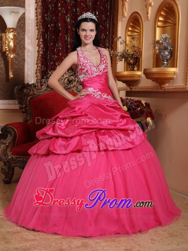 Halter Hot Pink Appliques Beading Quinceanera Dress with Pick-ups