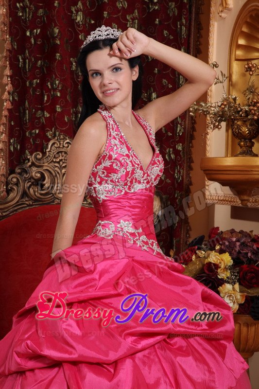 Halter Hot Pink Appliques Beading Quinceanera Dress with Pick-ups