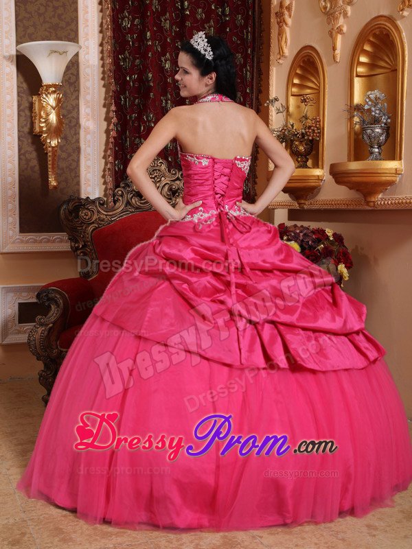 Halter Hot Pink Appliques Beading Quinceanera Dress with Pick-ups