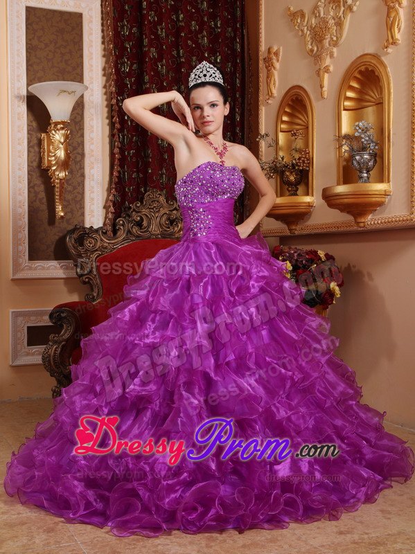 Beading Ruched Ruffles Purple Organza Sweet 16 Dress for Quince