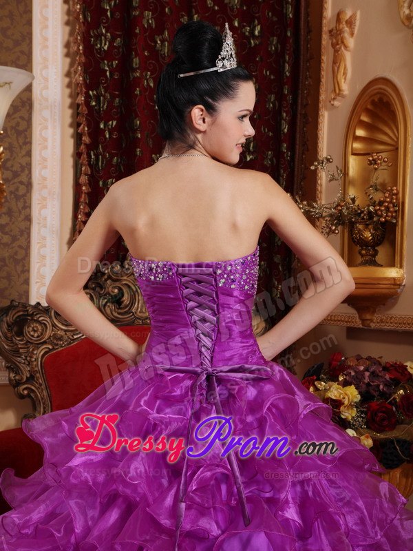 Beading Ruched Ruffles Purple Organza Sweet 16 Dress for Quince