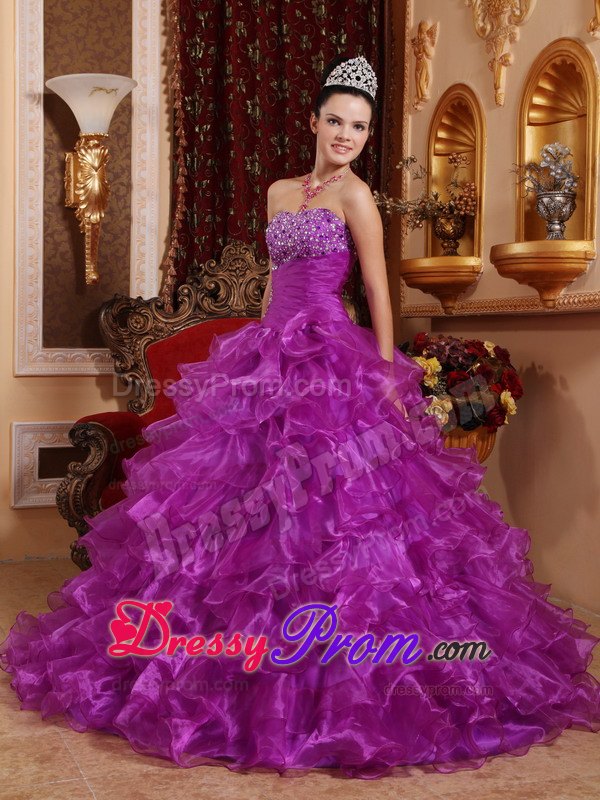 Beading Ruched Ruffles Purple Organza Sweet 16 Dress for Quince