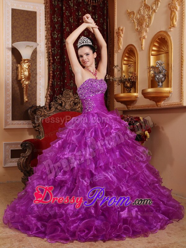 Beading Ruched Ruffles Purple Organza Sweet 16 Dress for Quince