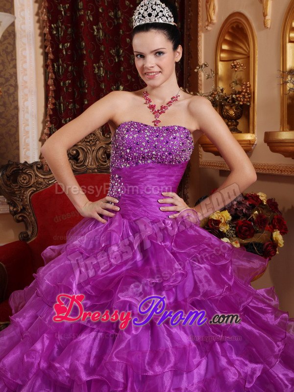 Beading Ruched Ruffles Purple Organza Sweet 16 Dress for Quince