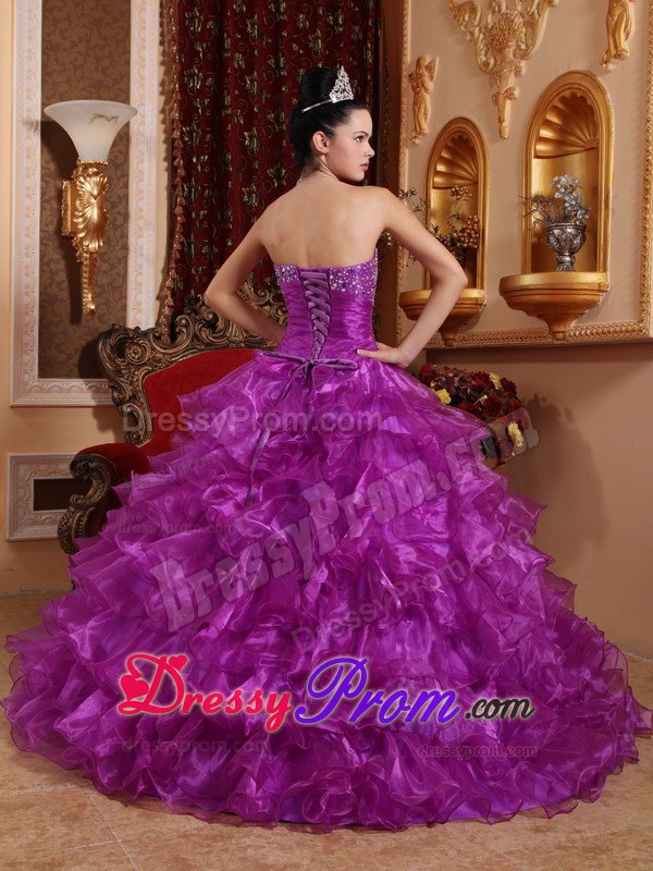 Beading Ruched Ruffles Purple Organza Sweet 16 Dress for Quince