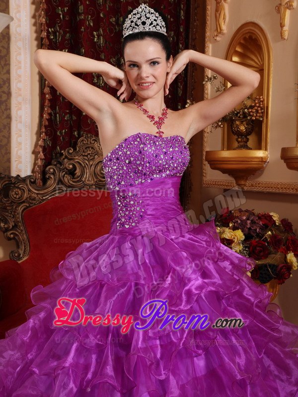 Beading Ruched Ruffles Purple Organza Sweet 16 Dress for Quince