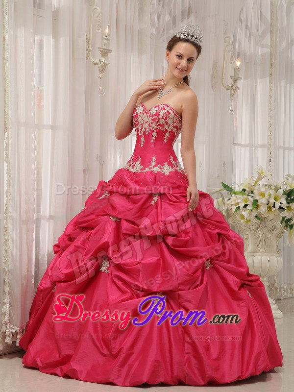 Sweetheart Coral Red Taffeta Pick-ups Sweet 16 Quinceanera Dress