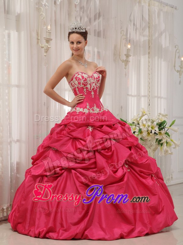 Sweetheart Coral Red Taffeta Pick-ups Sweet 16 Quinceanera Dress
