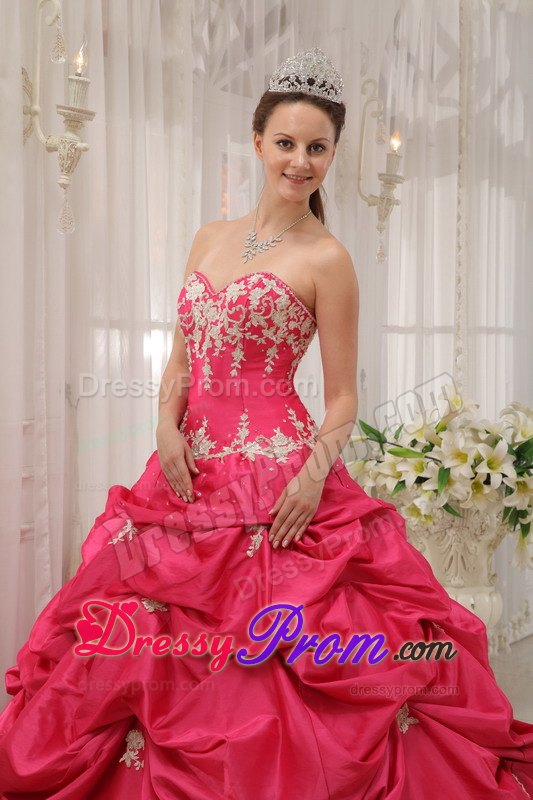Sweetheart Coral Red Taffeta Pick-ups Sweet 16 Quinceanera Dress