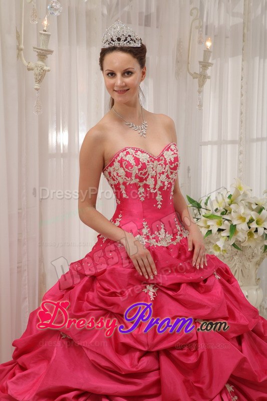 Sweetheart Coral Red Taffeta Pick-ups Sweet 16 Quinceanera Dress