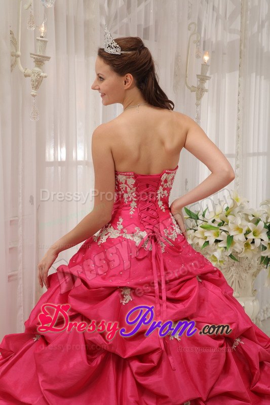 Sweetheart Coral Red Taffeta Pick-ups Sweet 16 Quinceanera Dress