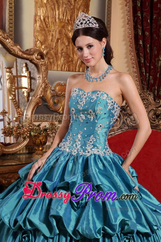 Teal Appliques Taffeta Flowers Quinceanera Dress with Pick-ups