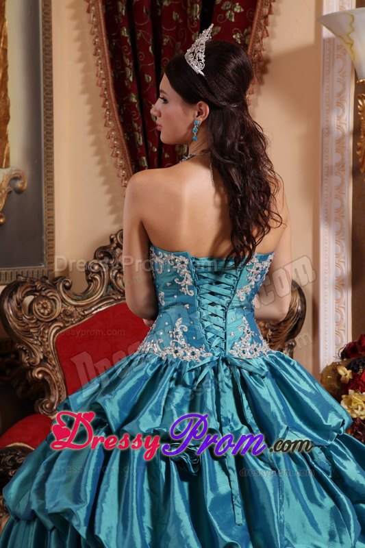 Teal Appliques Taffeta Flowers Quinceanera Dress with Pick-ups