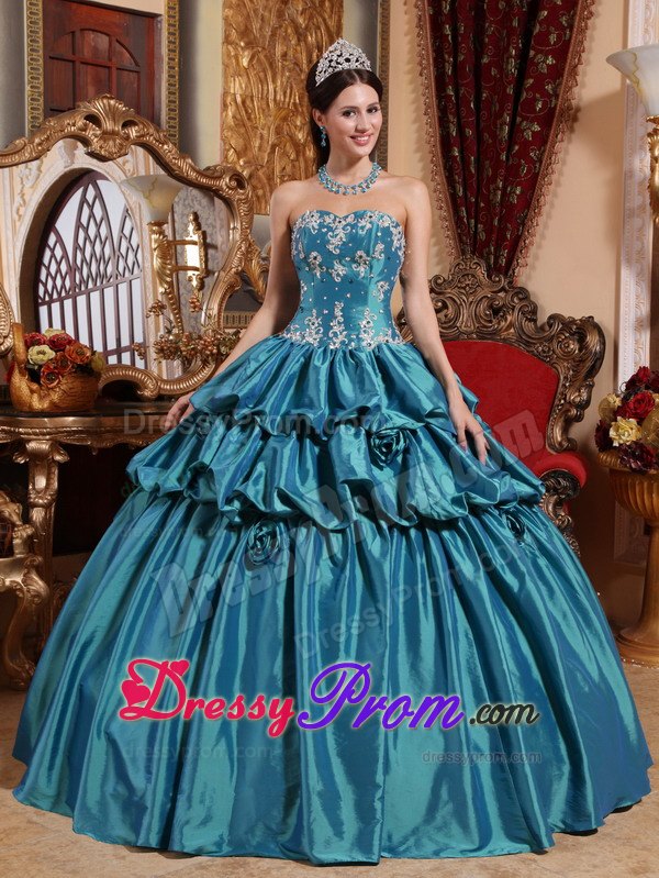 Teal Appliques Taffeta Flowers Quinceanera Dress with Pick-ups