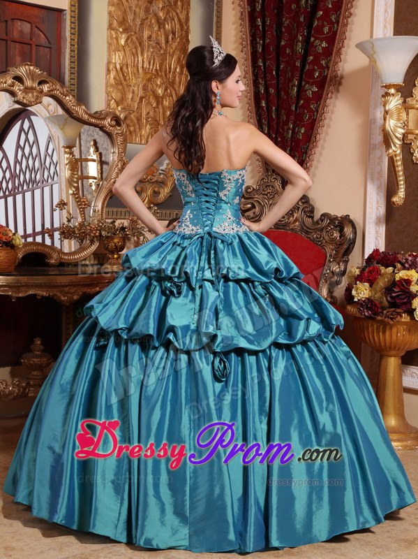 Teal Appliques Taffeta Flowers Quinceanera Dress with Pick-ups