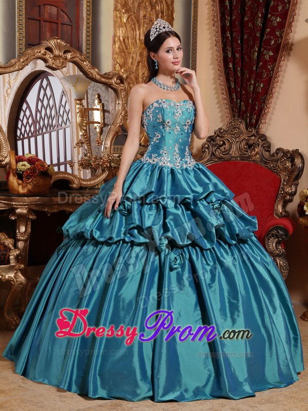 Teal Appliques Taffeta Flowers Quinceanera Dress with Pick-ups