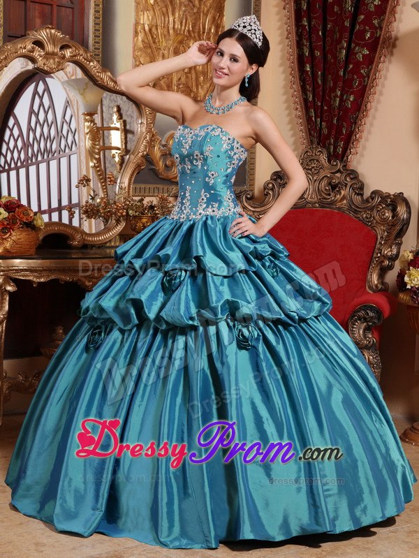 Teal Appliques Taffeta Flowers Quinceanera Dress with Pick-ups