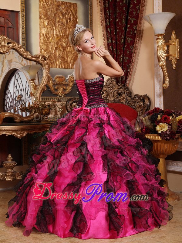 Beaded Sweetheart Black and Red Ruffles Organza Quinceanera Dress