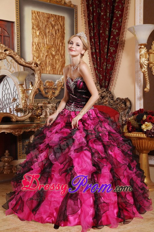 Beaded Sweetheart Black and Red Ruffles Organza Quinceanera Dress