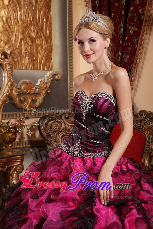 Beaded Sweetheart Black and Red Ruffles Organza Quinceanera Dress