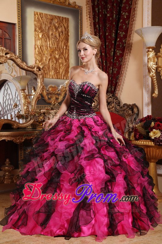 Beaded Sweetheart Black and Red Ruffles Organza Quinceanera Dress