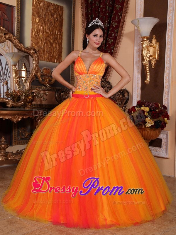 Spaghetti Straps Beading Orange Red Quinceanera Dress with V-neck