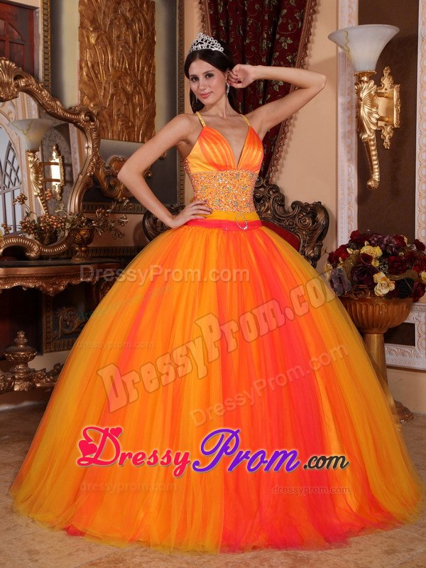 Spaghetti Straps Beading Orange Red Quinceanera Dress with V-neck