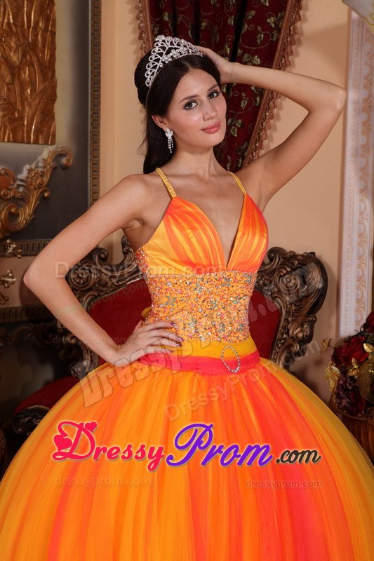 Spaghetti Straps Beading Orange Red Quinceanera Dress with V-neck