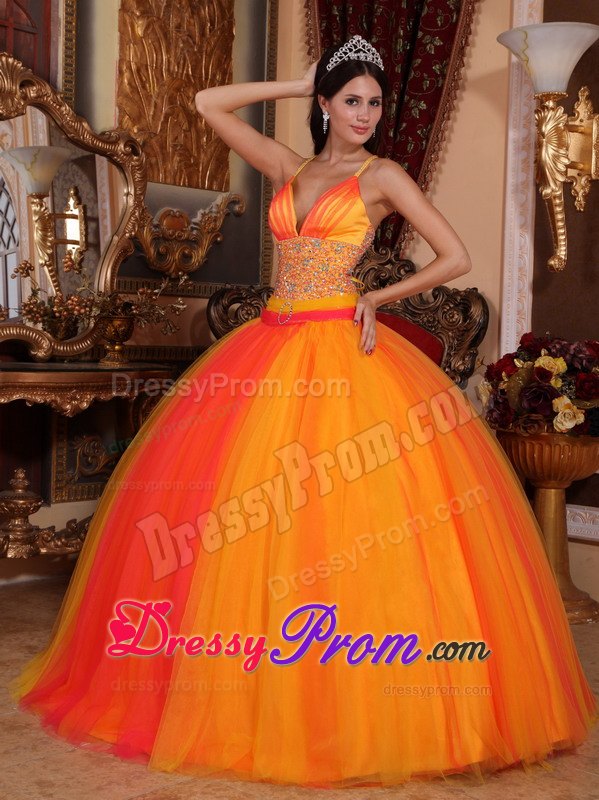 Spaghetti Straps Beading Orange Red Quinceanera Dress with V-neck