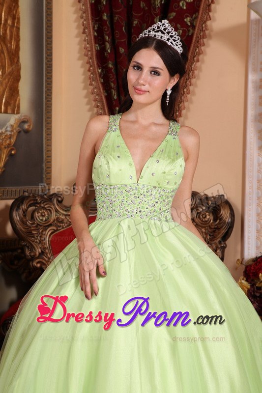 V-neck Beading Yellow Green Criss Crossed Back Quinceanera Dress