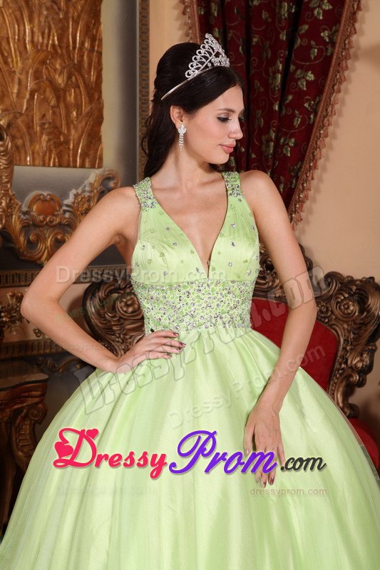 V-neck Beading Yellow Green Criss Crossed Back Quinceanera Dress