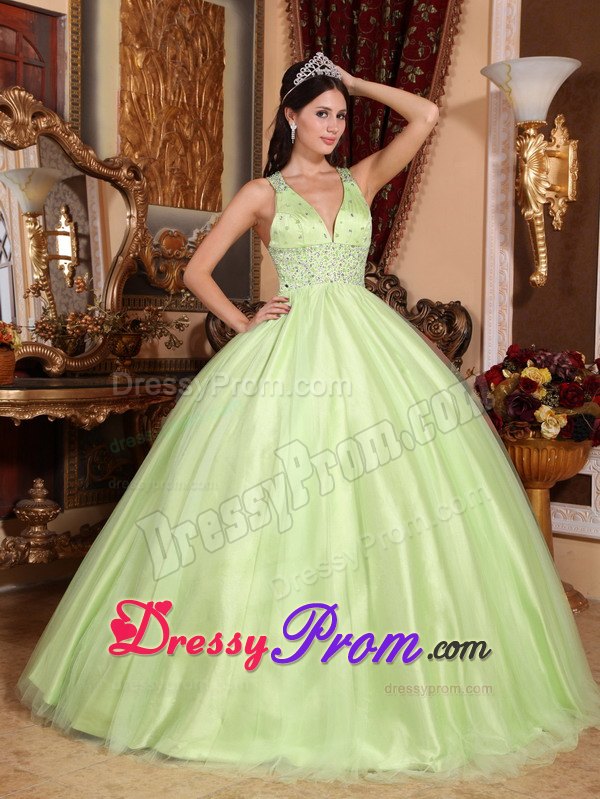 V-neck Beading Yellow Green Criss Crossed Back Quinceanera Dress