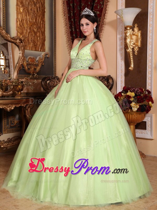 V-neck Beading Yellow Green Criss Crossed Back Quinceanera Dress