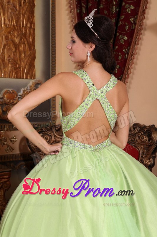 V-neck Beading Yellow Green Criss Crossed Back Quinceanera Dress