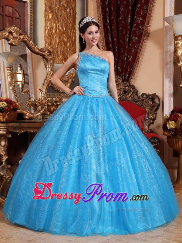 One Shoulder Teal Beading Layers Sweet 15 Quinceanera Dresses