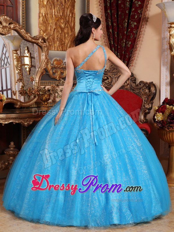 One Shoulder Teal Beading Layers Sweet 15 Quinceanera Dresses