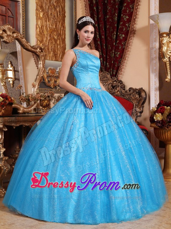 One Shoulder Teal Beading Layers Sweet 15 Quinceanera Dresses