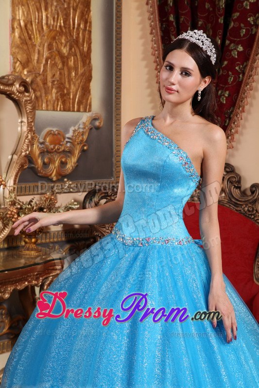 One Shoulder Teal Beading Layers Sweet 15 Quinceanera Dresses