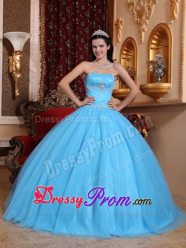 Beading Aqua Blue Sweetheart Appliques Dresses For Quinceaneras