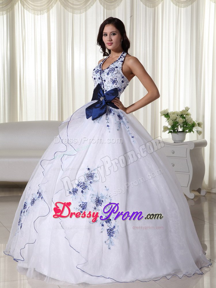 White Halter Ball Gown Appliques Blue Bowknot Quinceanera Dress