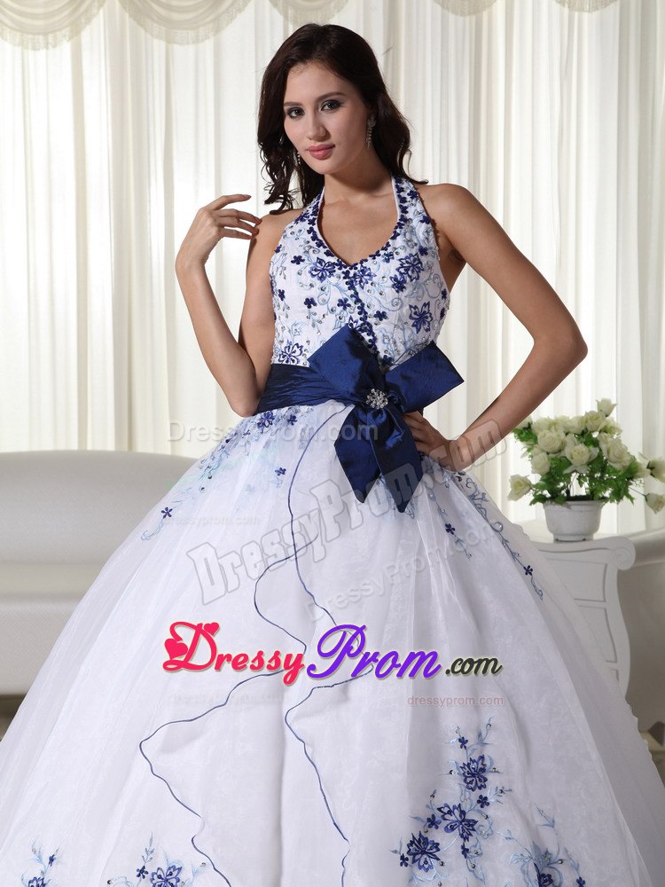 White Halter Ball Gown Appliques Blue Bowknot Quinceanera Dress