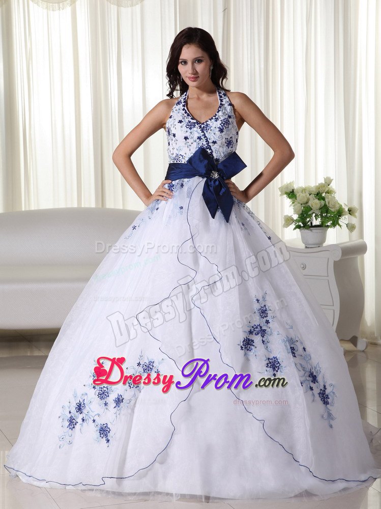 White Halter Ball Gown Appliques Blue Bowknot Quinceanera Dress