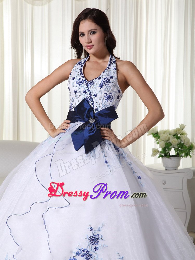 White Halter Ball Gown Appliques Blue Bowknot Quinceanera Dress