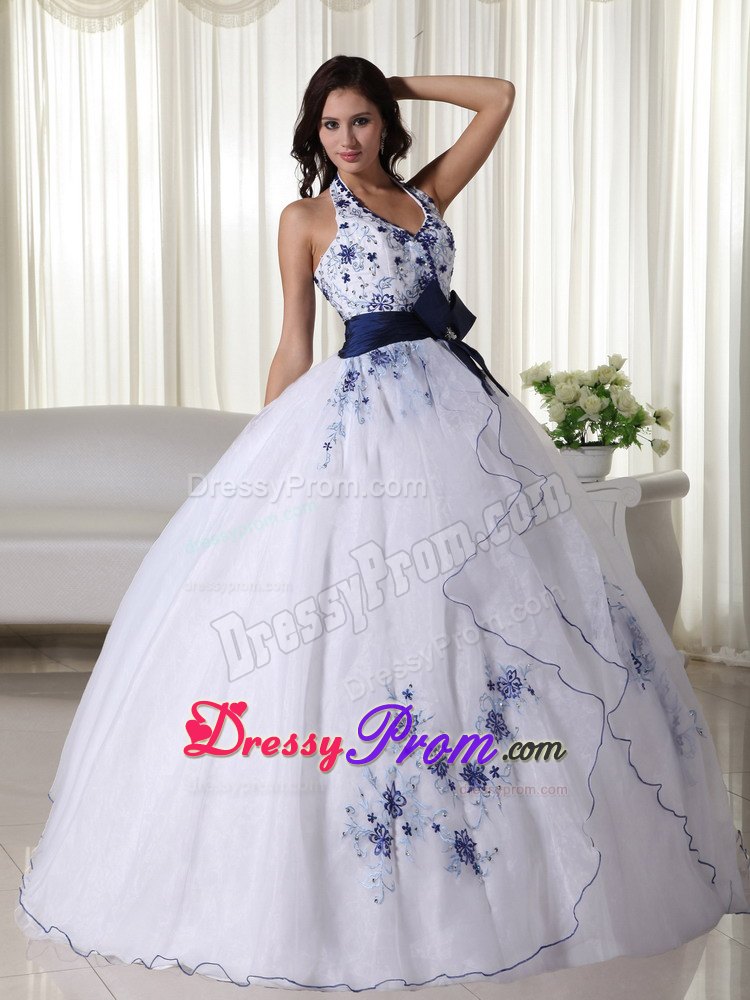 White Halter Ball Gown Appliques Blue Bowknot Quinceanera Dress