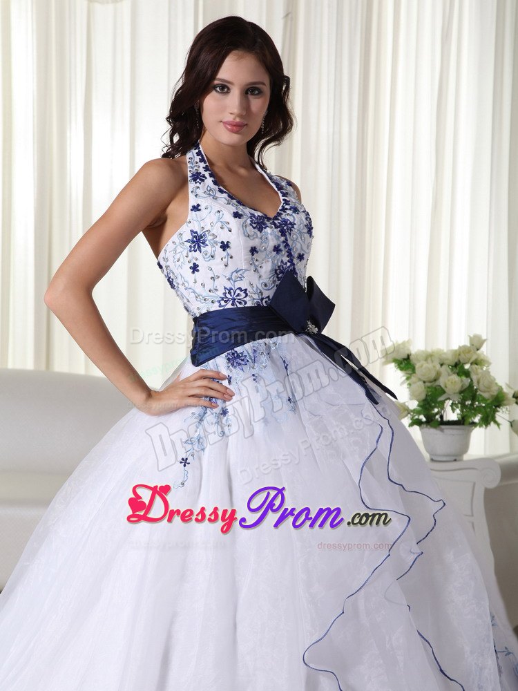White Halter Ball Gown Appliques Blue Bowknot Quinceanera Dress